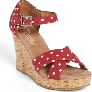 Polka dot criss cross linen strappy platform cork wedge